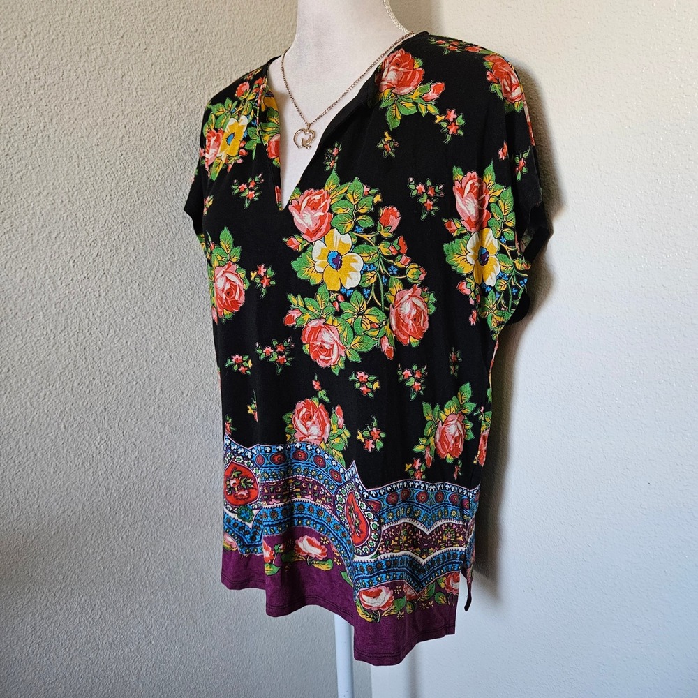 Johnny Was Los Angeles Floral Border Print V-Neck Tunic Top